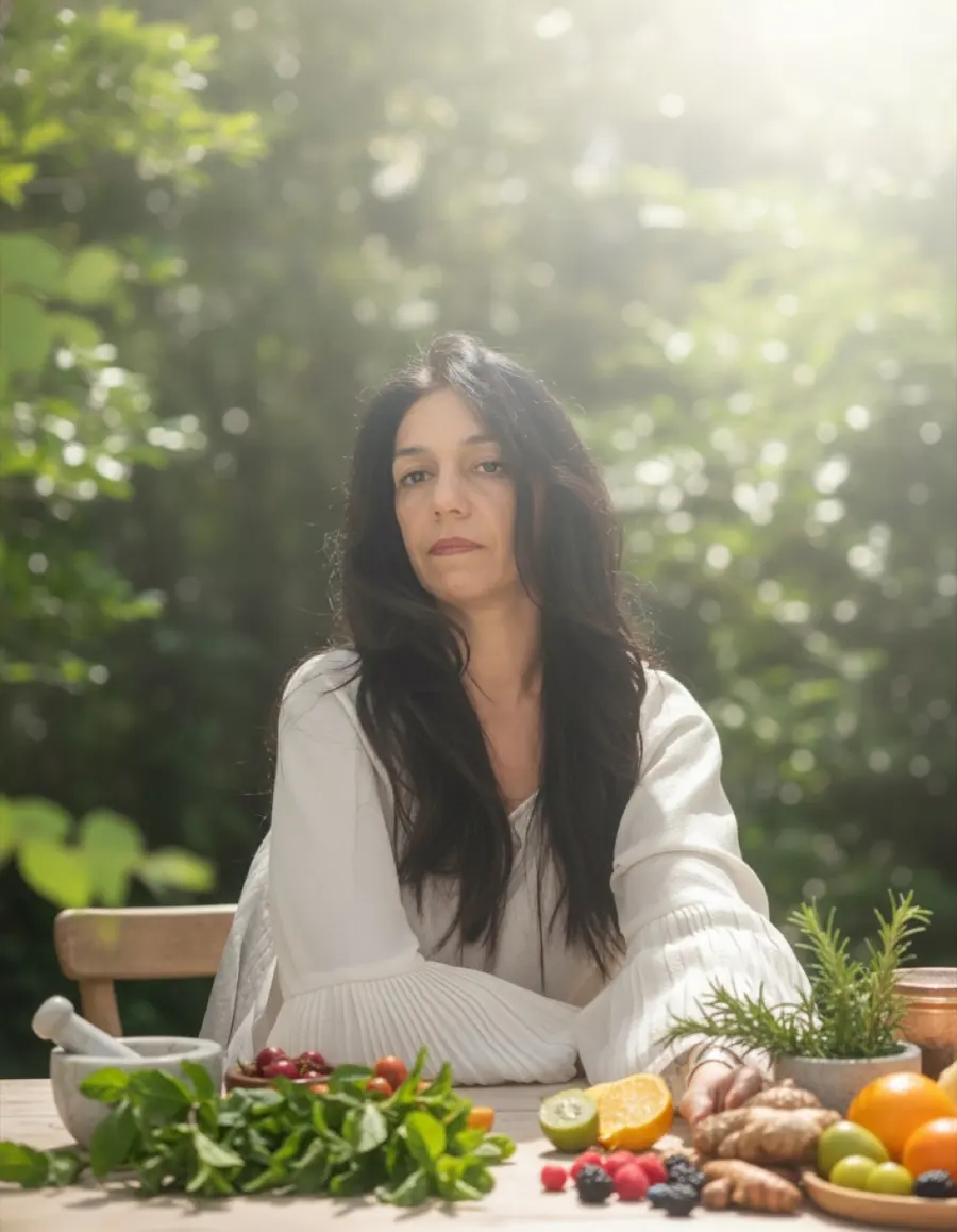 Elisângela sentada à mesa cercada de ervas, frutas e legumes frescos