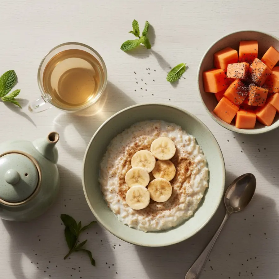 Café da manhã leve da Semana 1: mingau, mamão e chá
